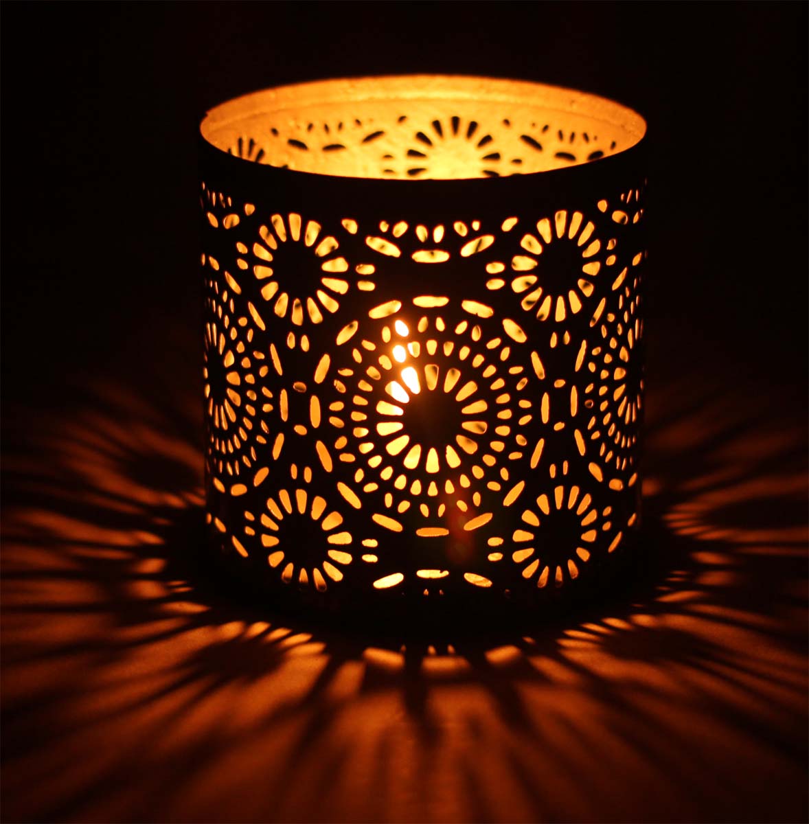 Handmade Round-Shaped Tea-Light Candle Holder in Iron - Black & Silver Color Finish - Symmetric Cut-Out Patterning - Metal Votive Candle Stands - Table-Top Decorations - Buy in Bulk Wholesale